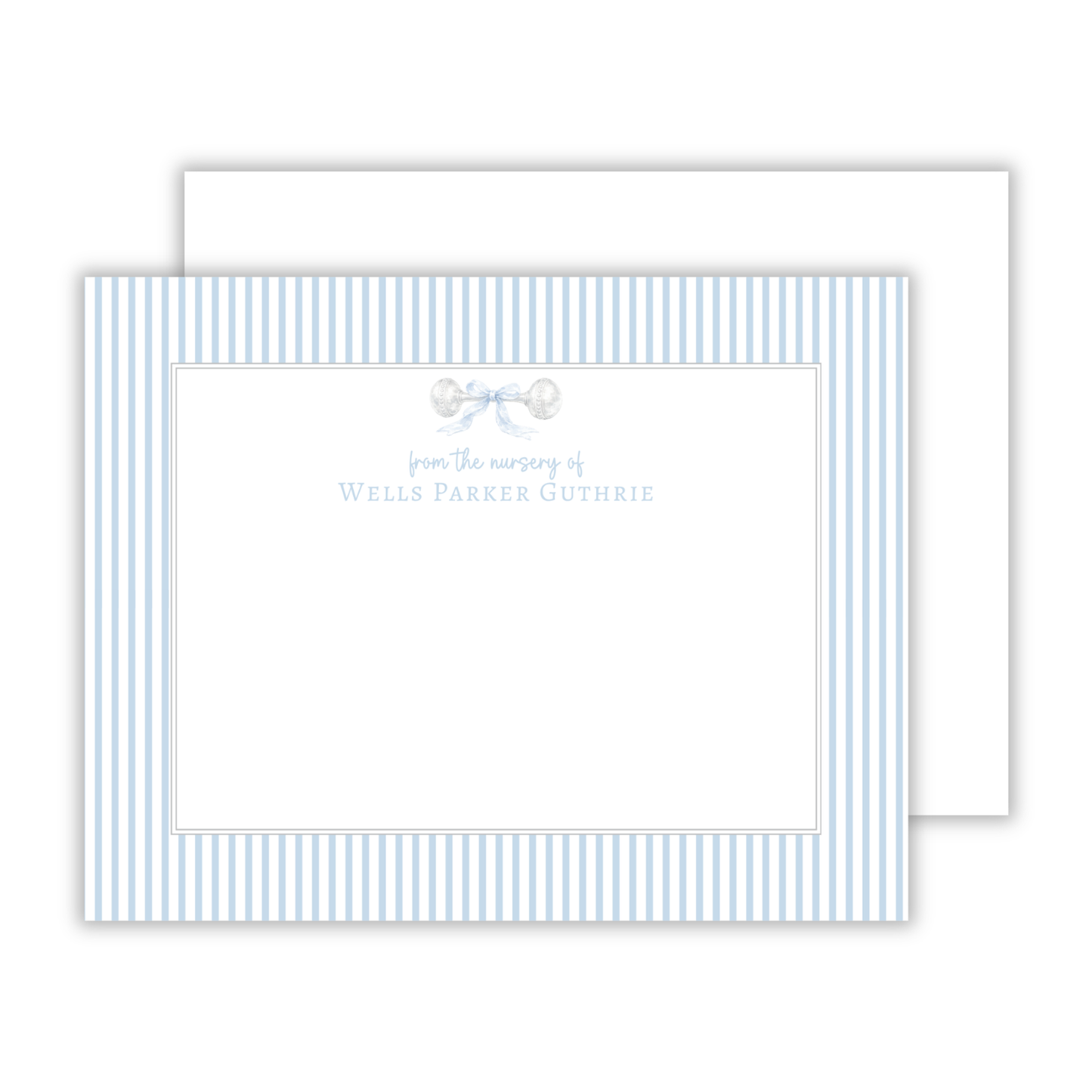 personalized notecard set with antique silver rattle, ShooFly Paper Co. Auburn, Alabama