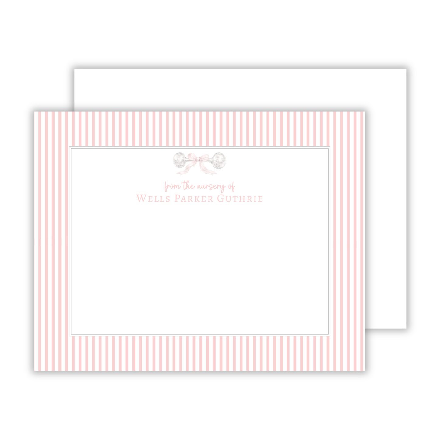 personalized notecard set with antique silver rattle, ShooFly Paper Co. Auburn, Alabama
