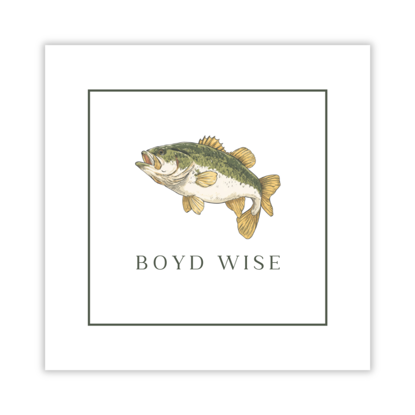 personalized gift tag with drawn bass fish and serif font name, ShooFly Paper Co. Auburn, Alabama
