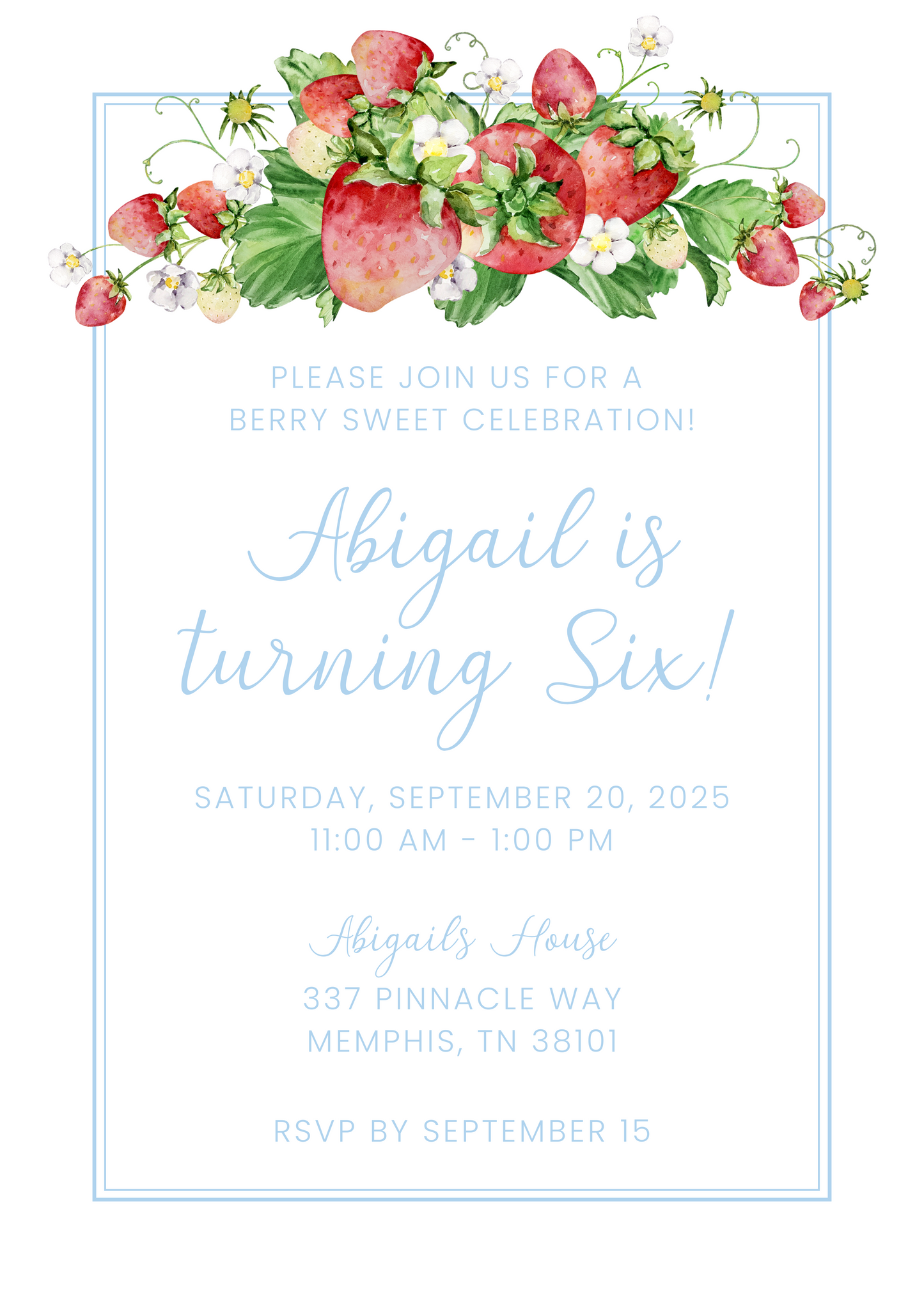 birthday party invitation with strawberries; berry sweet birthday; ShooFly Paper Co. Auburn, Alabama