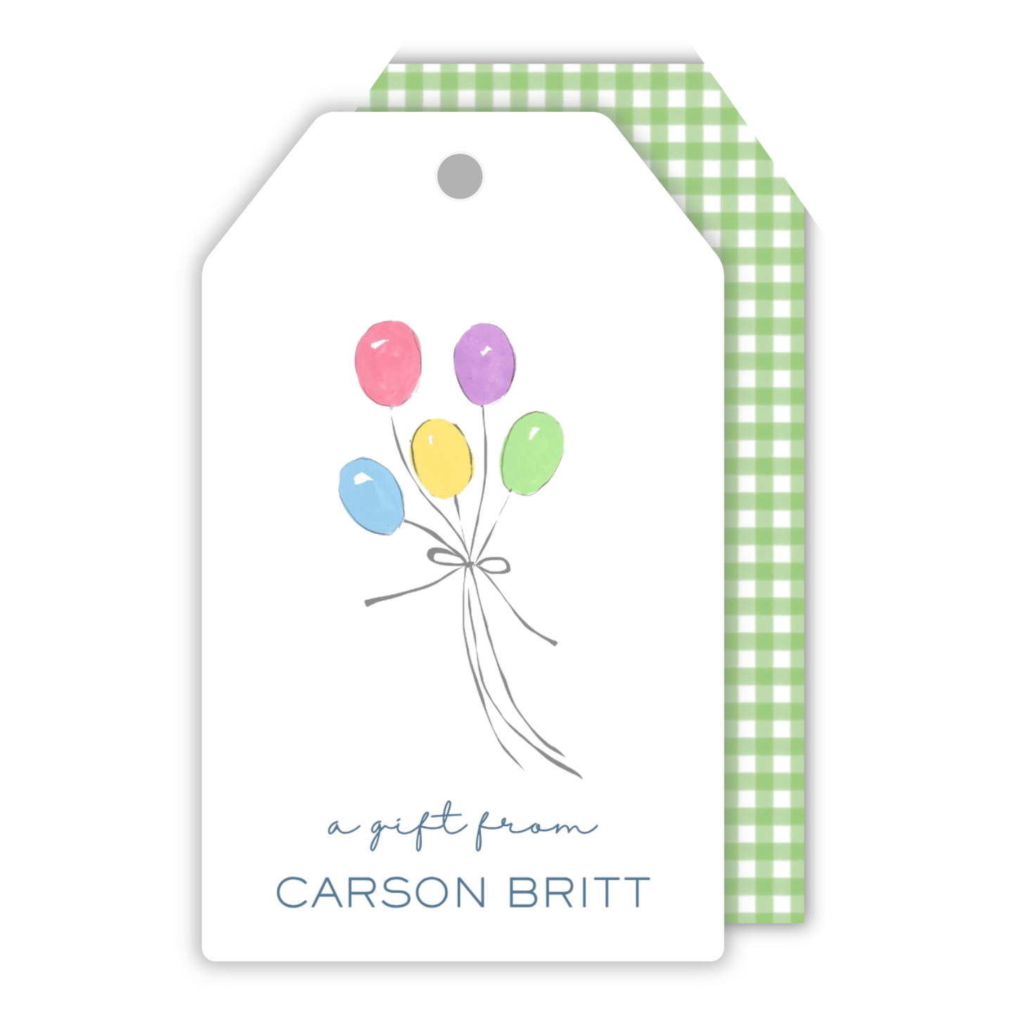 personalized gift tag with drawn balloon bouquet and a green gingham pattern on the back, ShooFly Paper Co. Auburn, Alabama