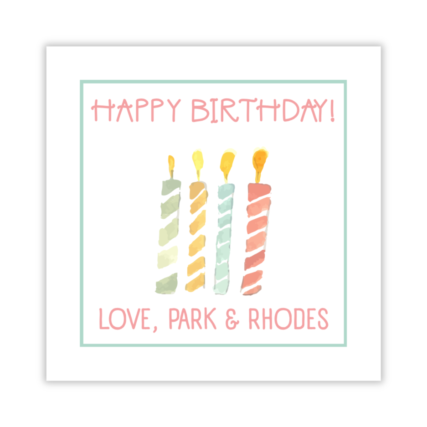 personalized birthday gift tag with watercolor candles, ShooFly Paper Co. Auburn, Alabama