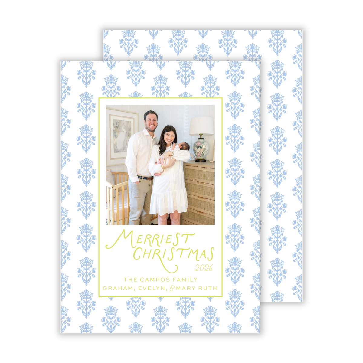 Block Print Christmas Card Blue & Chartreuse