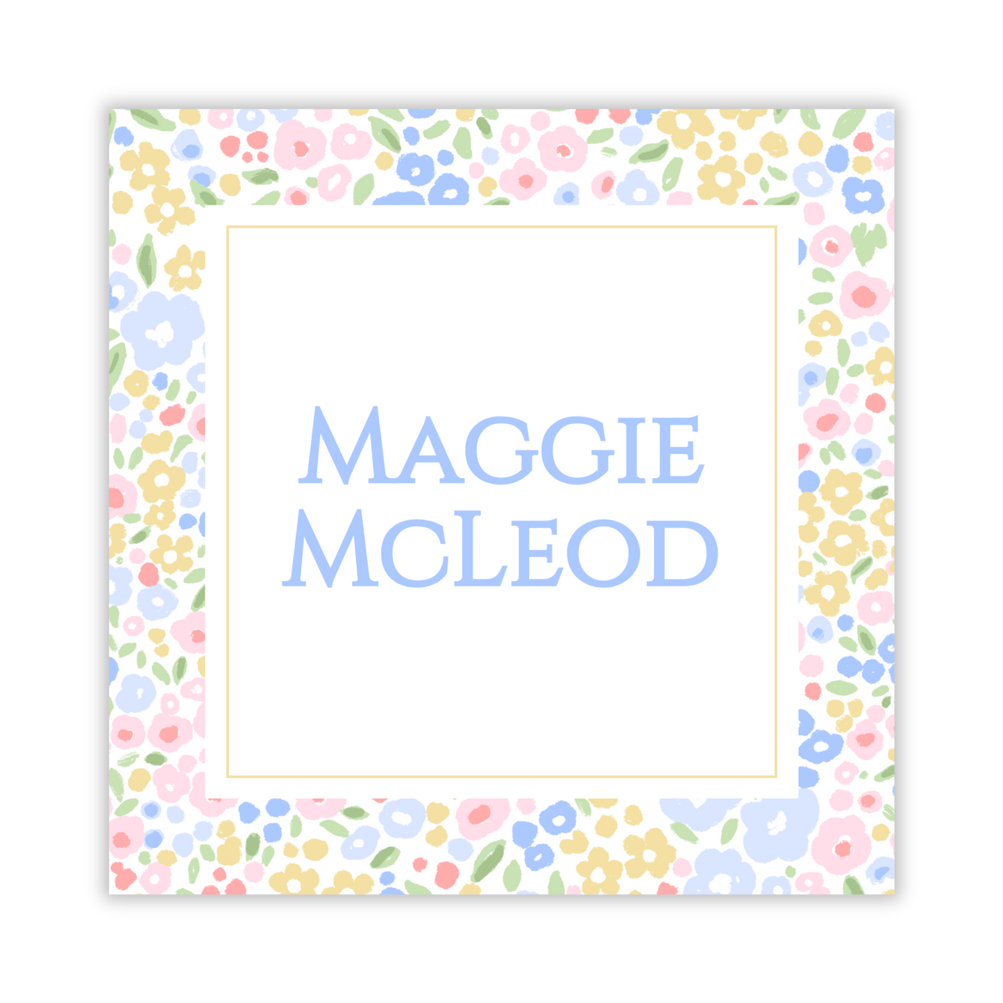 square gift tag with personalization and blotted flower border, ShooFly Paper Co. Auburn, Alabama