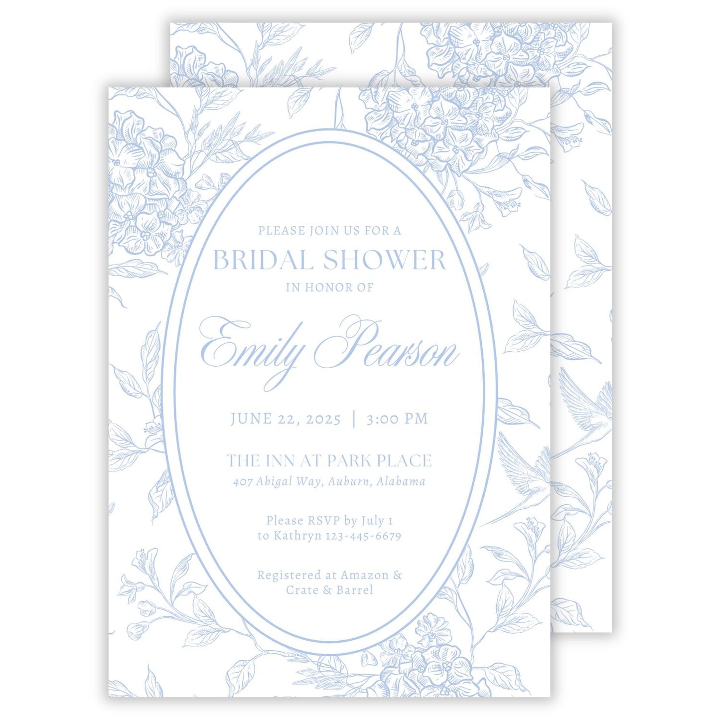 bridal shower invitation with blue toile background, ShooFly Paper Co. Auburn, AL