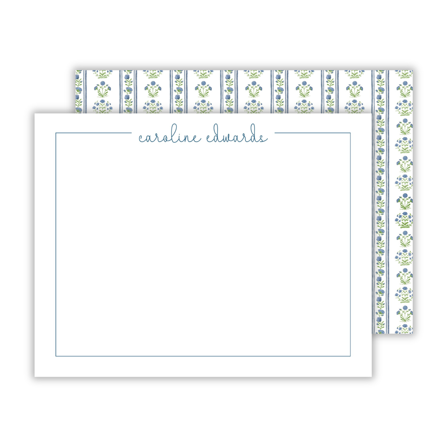 personalized notecard set with blue floral scallop stripe pattern on the back and a simple cursive font name on the front; ShooFly Paper Co. Auburn, Alabama