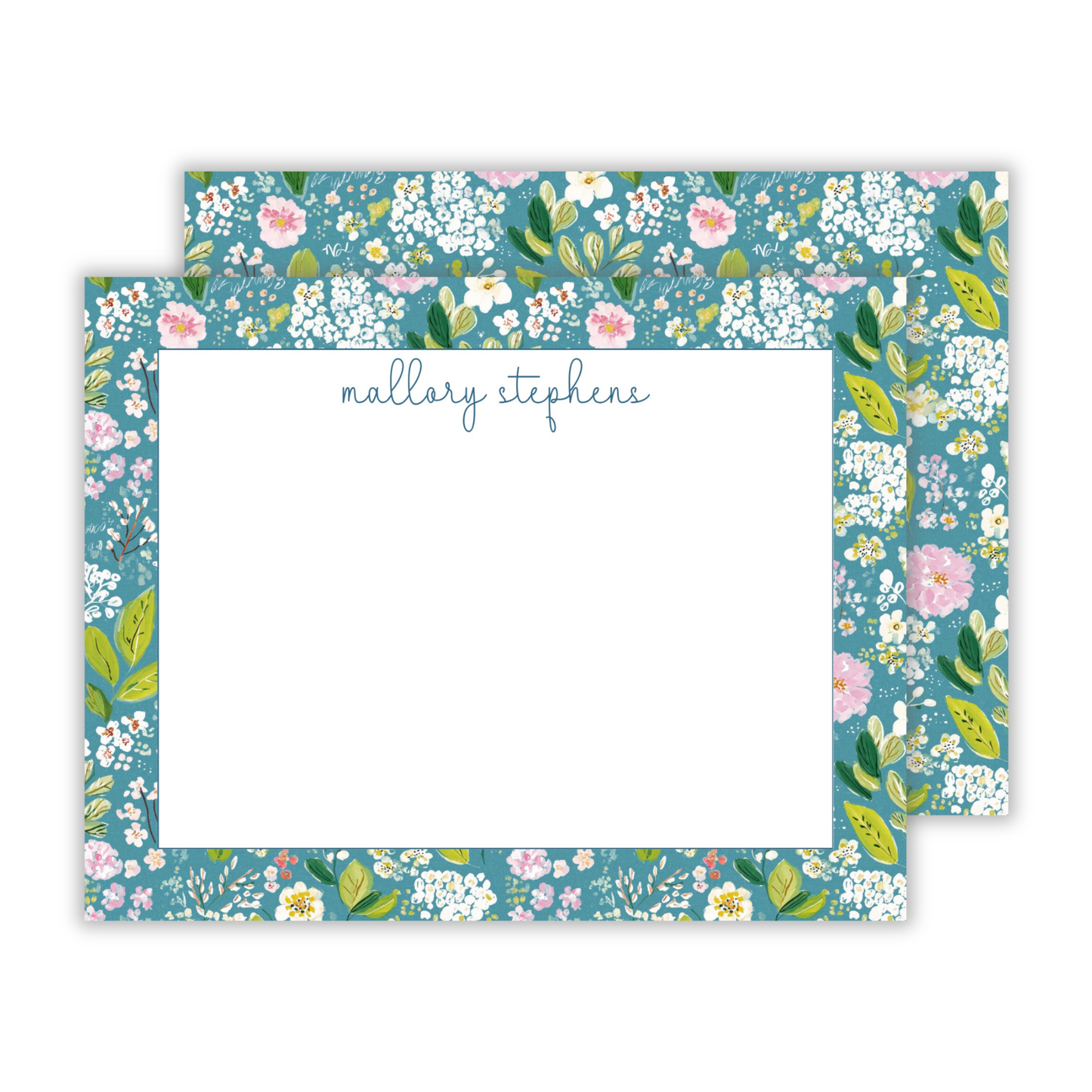 personalized notecard set with blue wildflower design and simple cursive name, ShooFly Paper Co. Auburn, Alabama