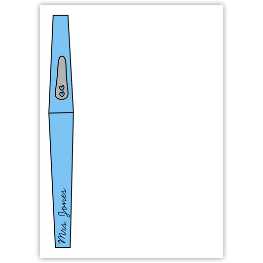 personalized notepad with blue flair pen; ShooFly Paper Co. Auburn, Alabama