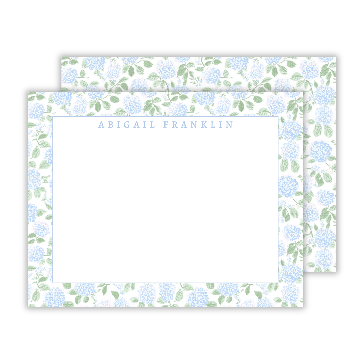 personalized stationery set with simple serif name blue hydrangea pattern, ShooFly Paper Co. Auburn, Alabama