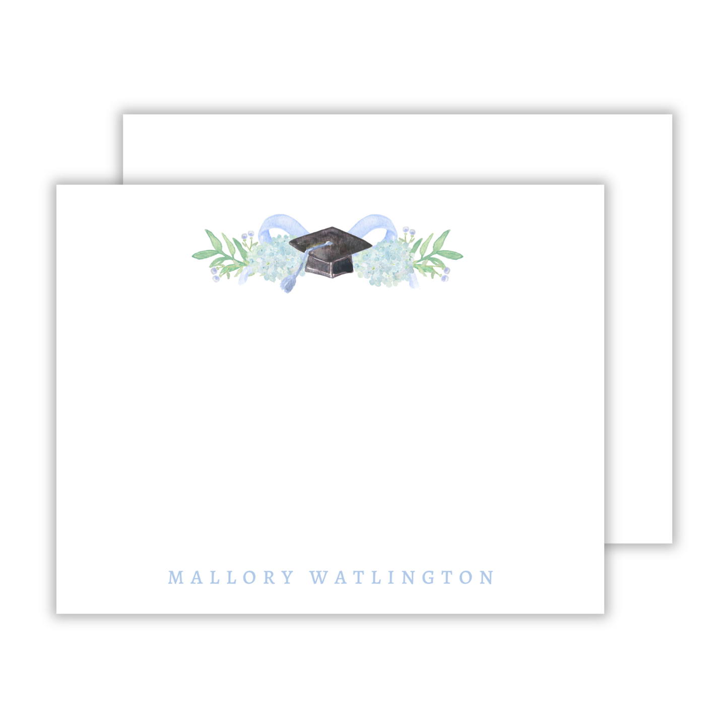 personalized stationery set with simple serif name blue hydrangea graduation crest, ShooFly Paper Co. Auburn, Alabama