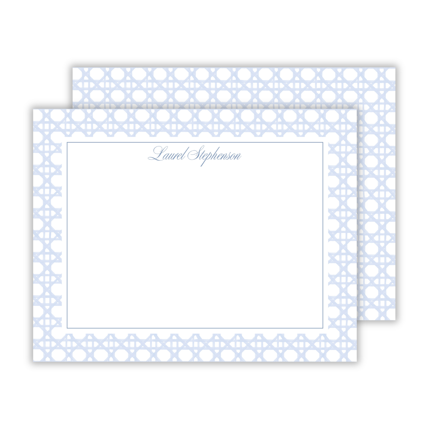 personalized notecard set with blue rattan background and script font name, ShooFly Paper Co. Auburn, Alabama