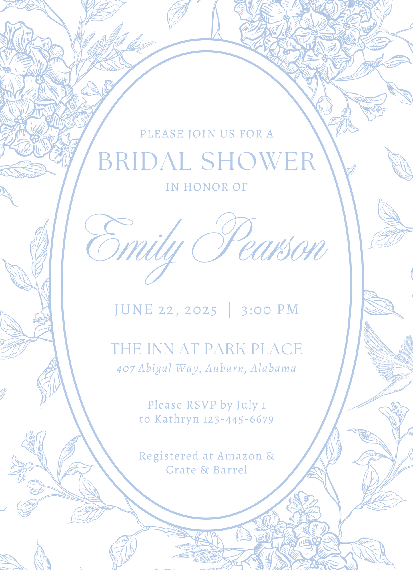 bridal shower invitation with blue toile background, ShooFly Paper Co. Auburn, AL