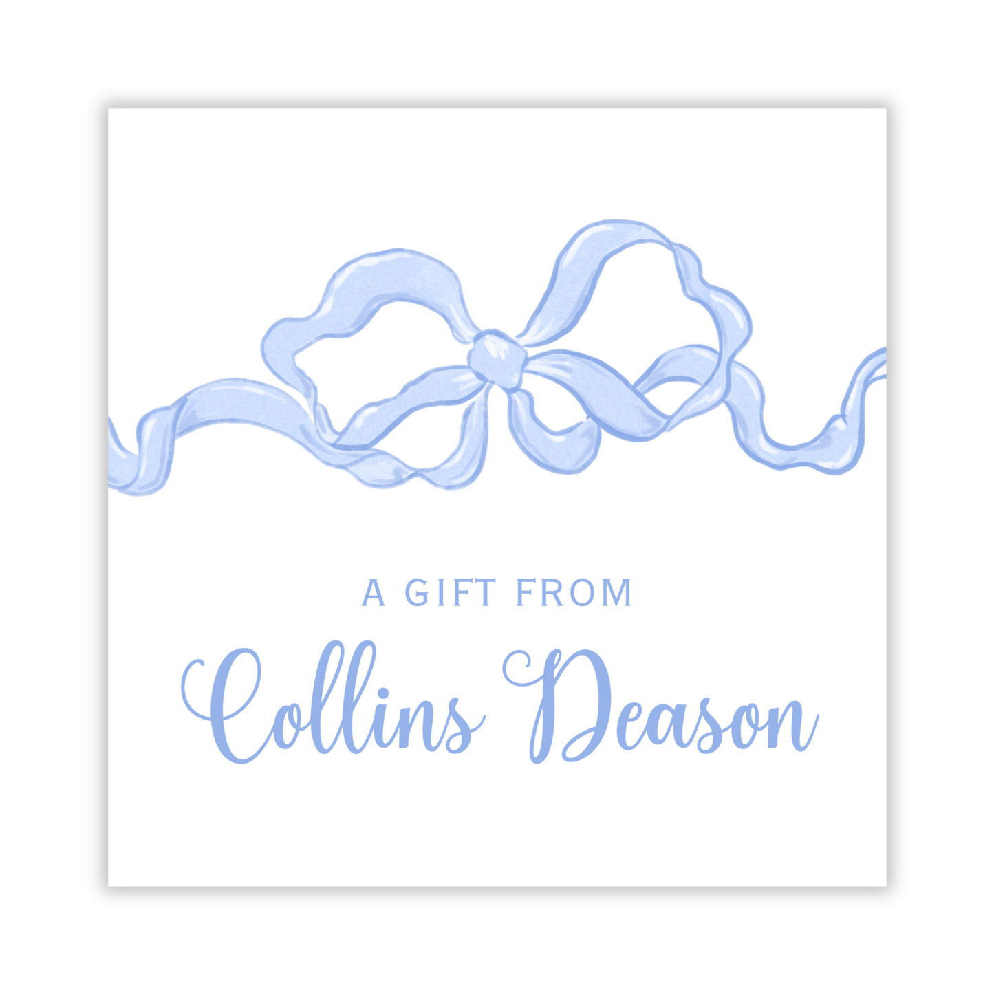 personalized gift tag with blue bow, gift tag for little girl, ShooFly Paper Co. Auburn, Alabama