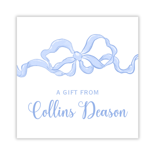 personalized gift tag with blue bow, gift tag for little girl, ShooFly Paper Co. Auburn, Alabama