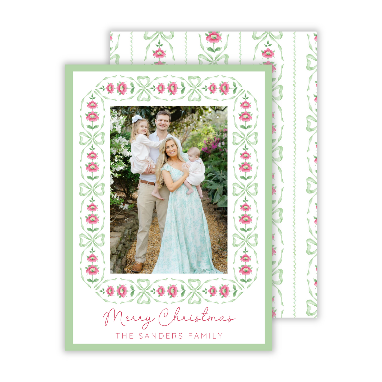 nontraditional photo christmas card with light green and pink bow & floral pattern, ShooFly Paper Co. Auburn, Alabama