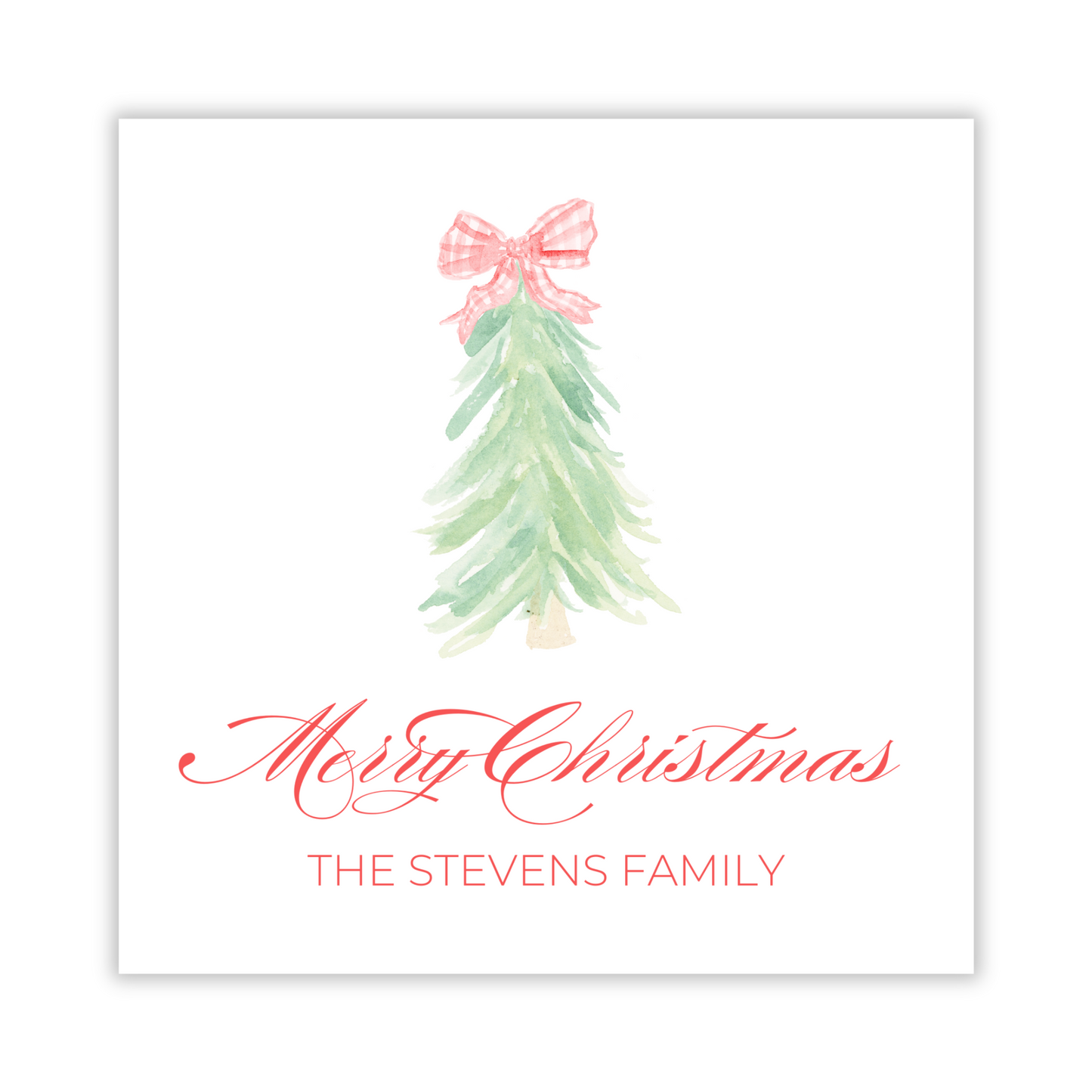 personalized christmas gift tag with watercolor tree and red bow, featuring 'Merry Christmas' and personalization, ShooFly Paper Co. Auburn, Alabama