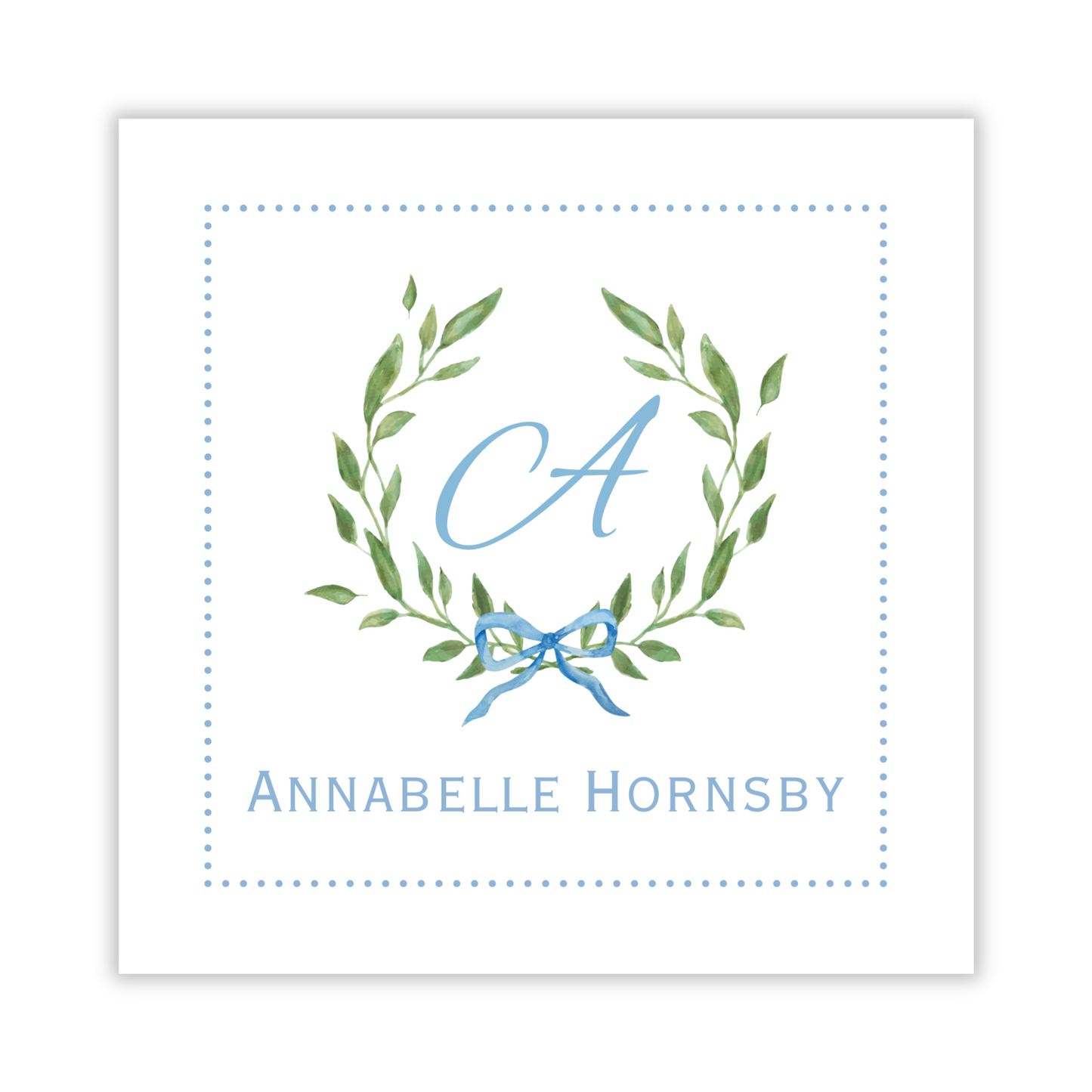 personalized gift tag with lauren wreath and blue bow, initial calling card, ShooFly Paper Co. Auburn, Alabama