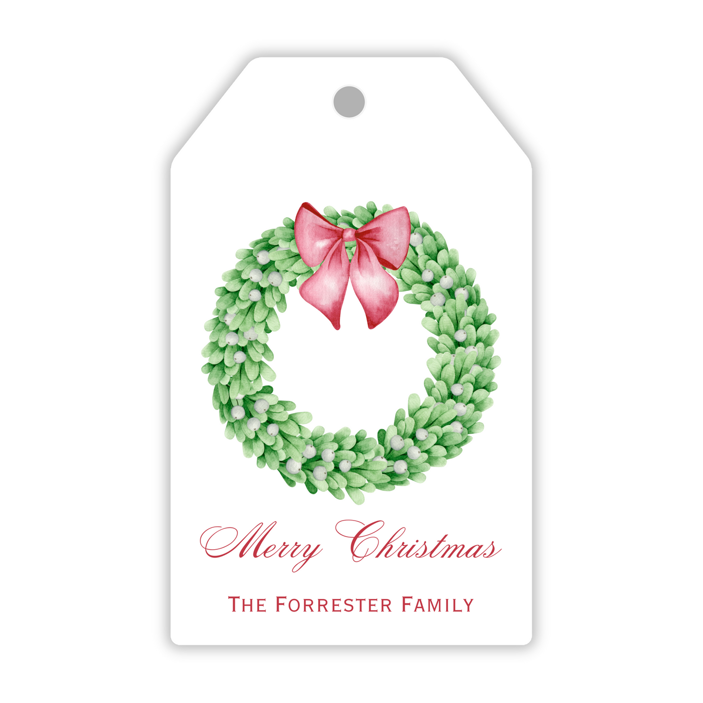 A personalized gift tag featuring a boxwood wreath with a red bow and the text 'Merry Christmas' along with a space for personalization, such as 'The Smith Family', ShooFly Paper Co. Auburn, Alabama