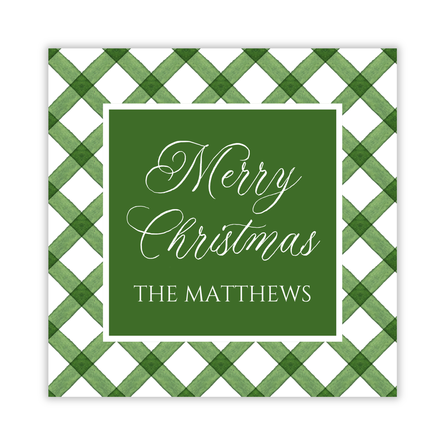 square christmas gift tag with green and white check pattern and personalization, ShooFly Paper Co. Auburn, Alabama