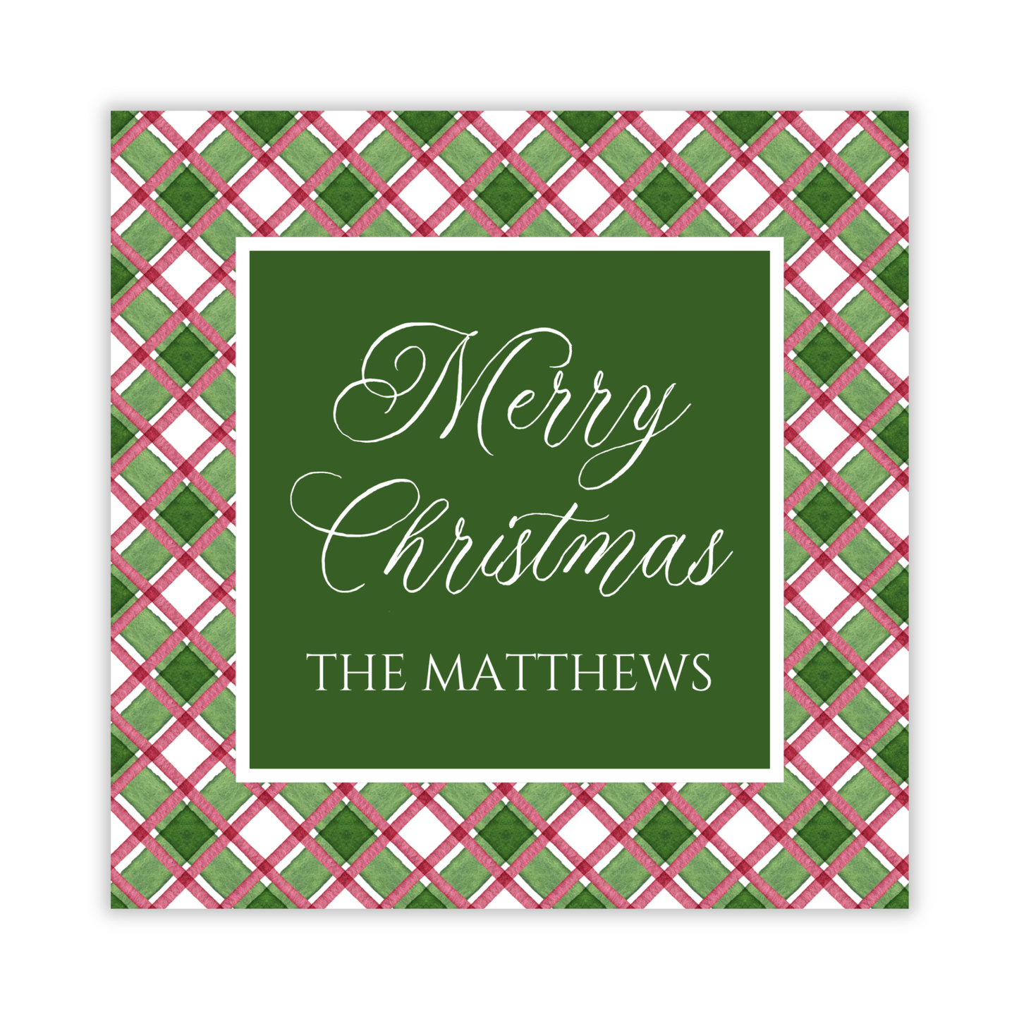 square christmas gift tag with watercolor green & burgunday plaid pattern and personalization, ShooFly Paper Co. Auburn, Alabama