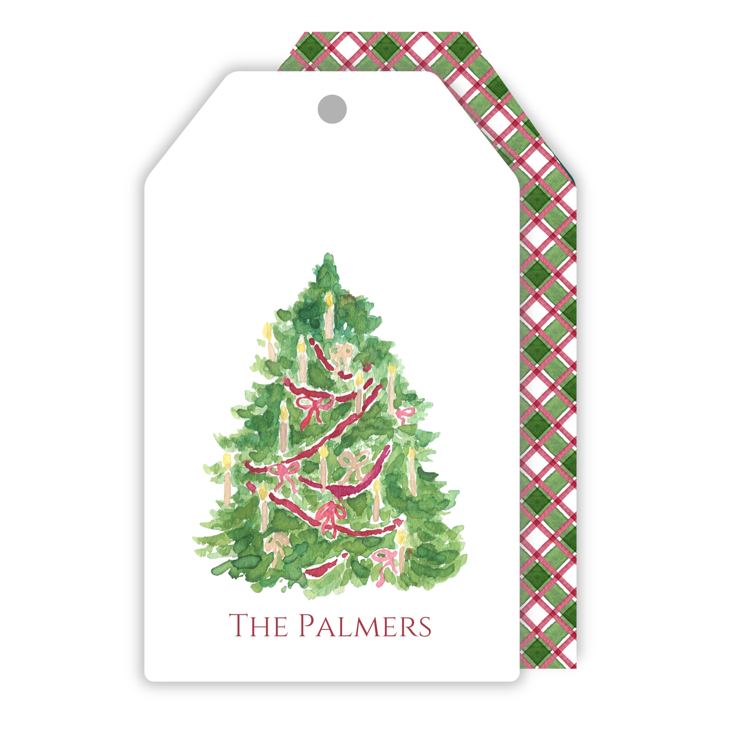 hanging christmas gift tag with watercolor christmas tree with bows and a christmas plaid back, ShooFly Paper Co. Auburn, Alabama