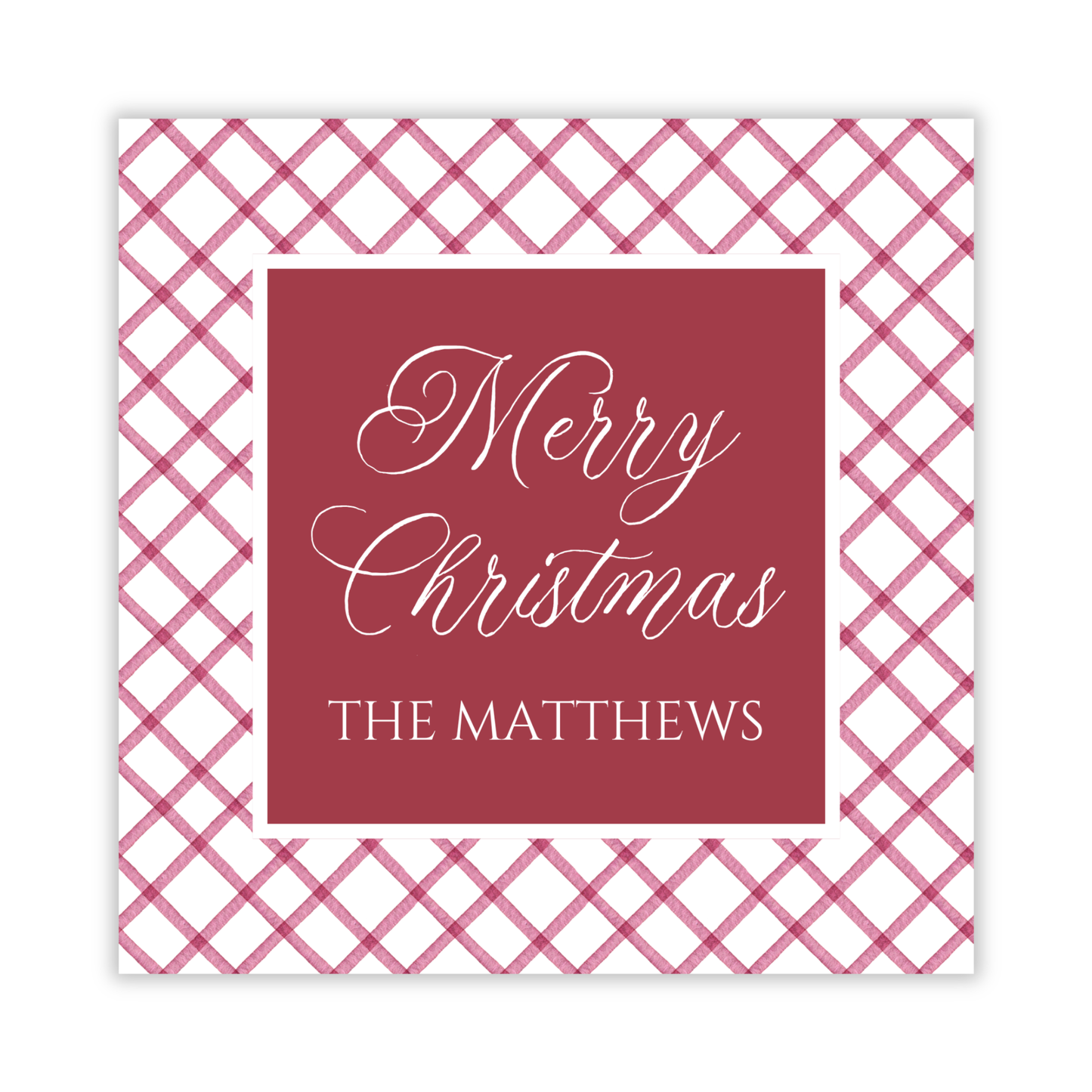 square christmas gift tag with burgundy check pattern and personalization, ShooFly Paper Co. Auburn, Alabama