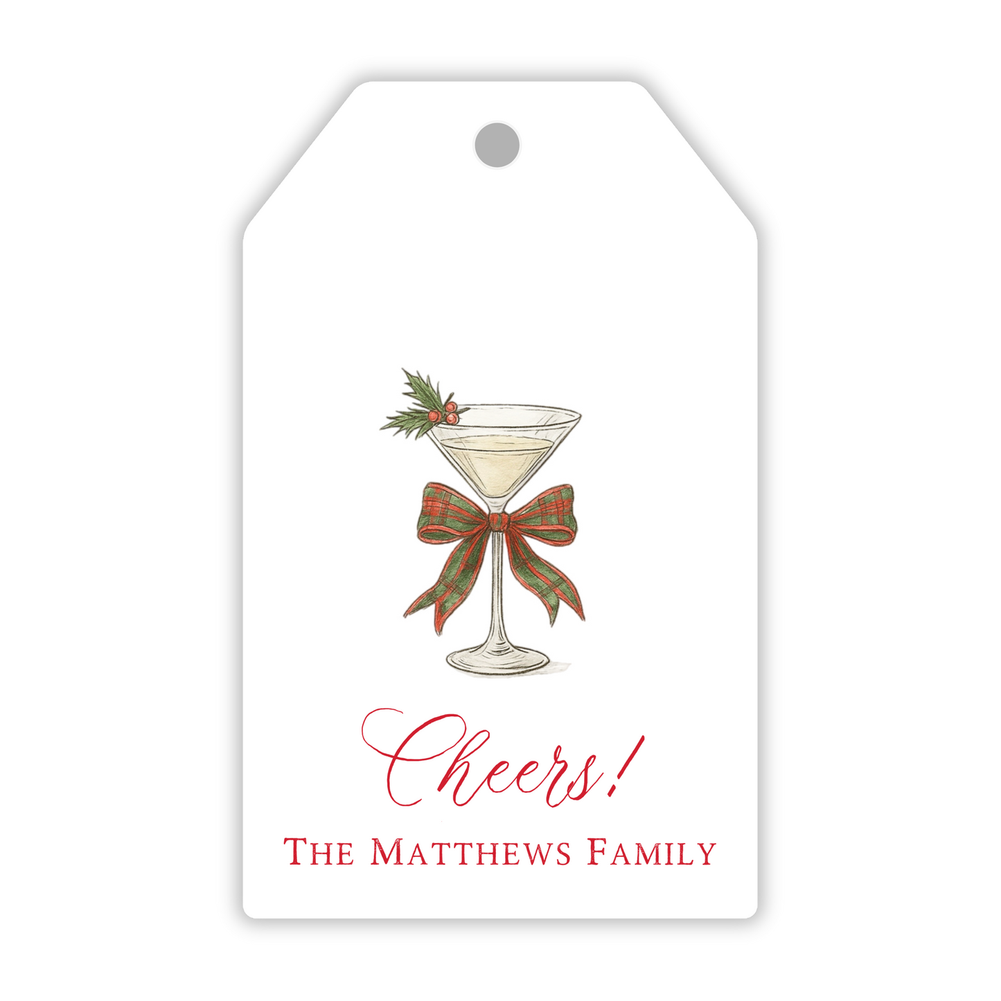 personalized gift tag with a festive martini glass with a red and green bow and Cheers!, ShooFly Paper Co. Auburn, Alabama