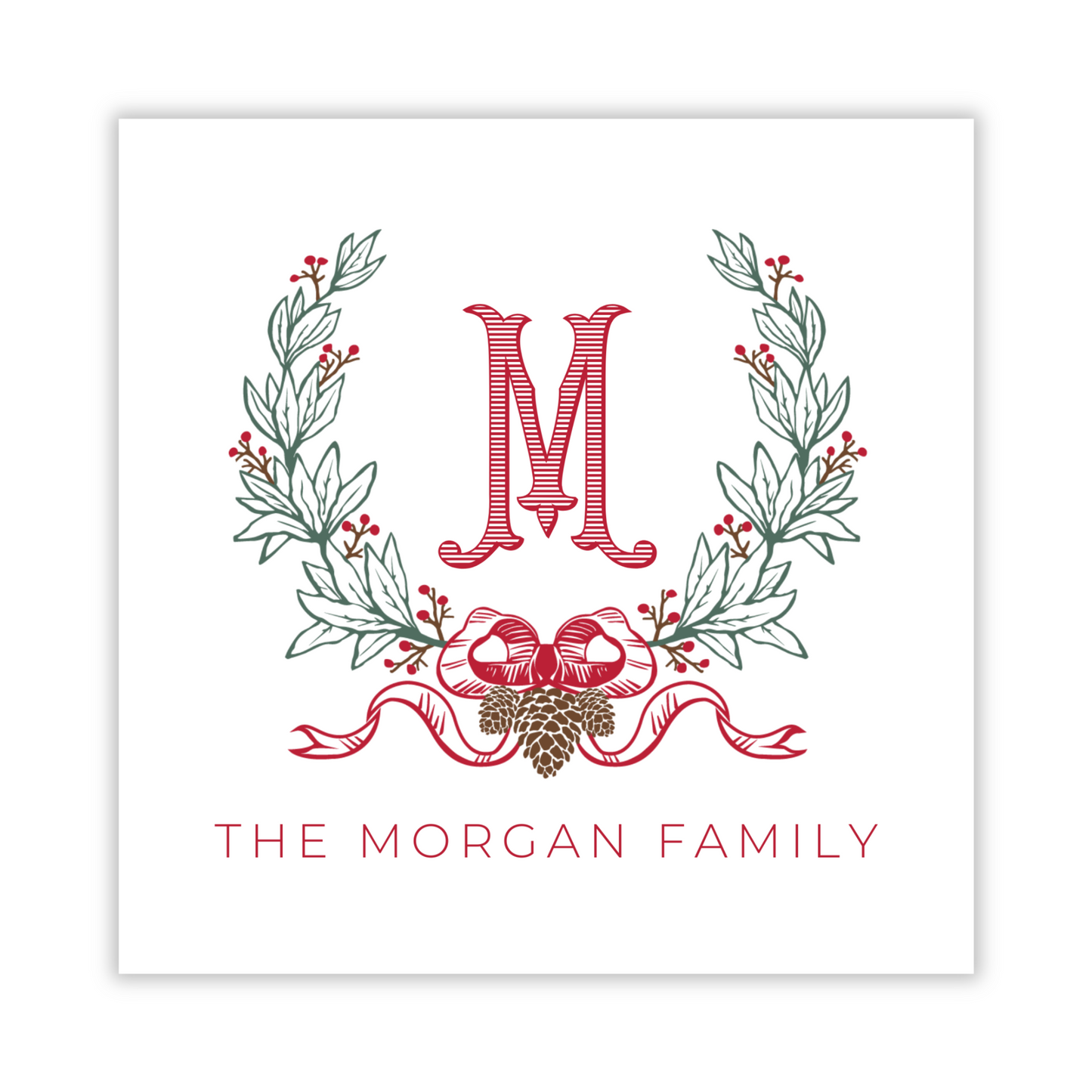 personalized gift tag with christmas laurel wreath, elegant monogram initial, and name, ShooFly Paper Co. Auburn, Alabama