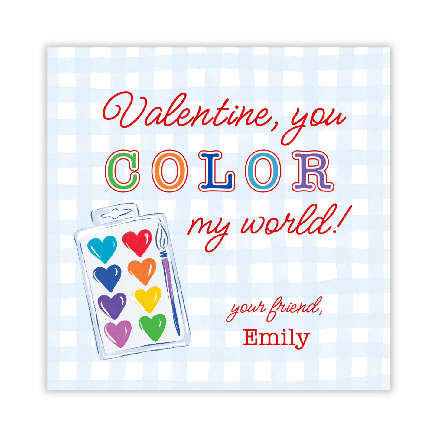 personalized gift tag with heart watercolor paints, valentine you color my world, art valentine gift tag, class valentine gift, ShooFly Paper Co. Auburn, Alabama