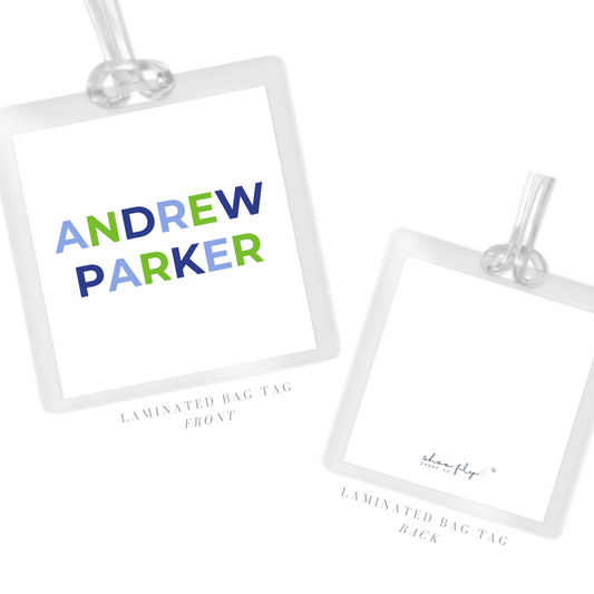 laminated bag tag with colorblock name for boy; ShooFly Paper Co. Auburn, AL