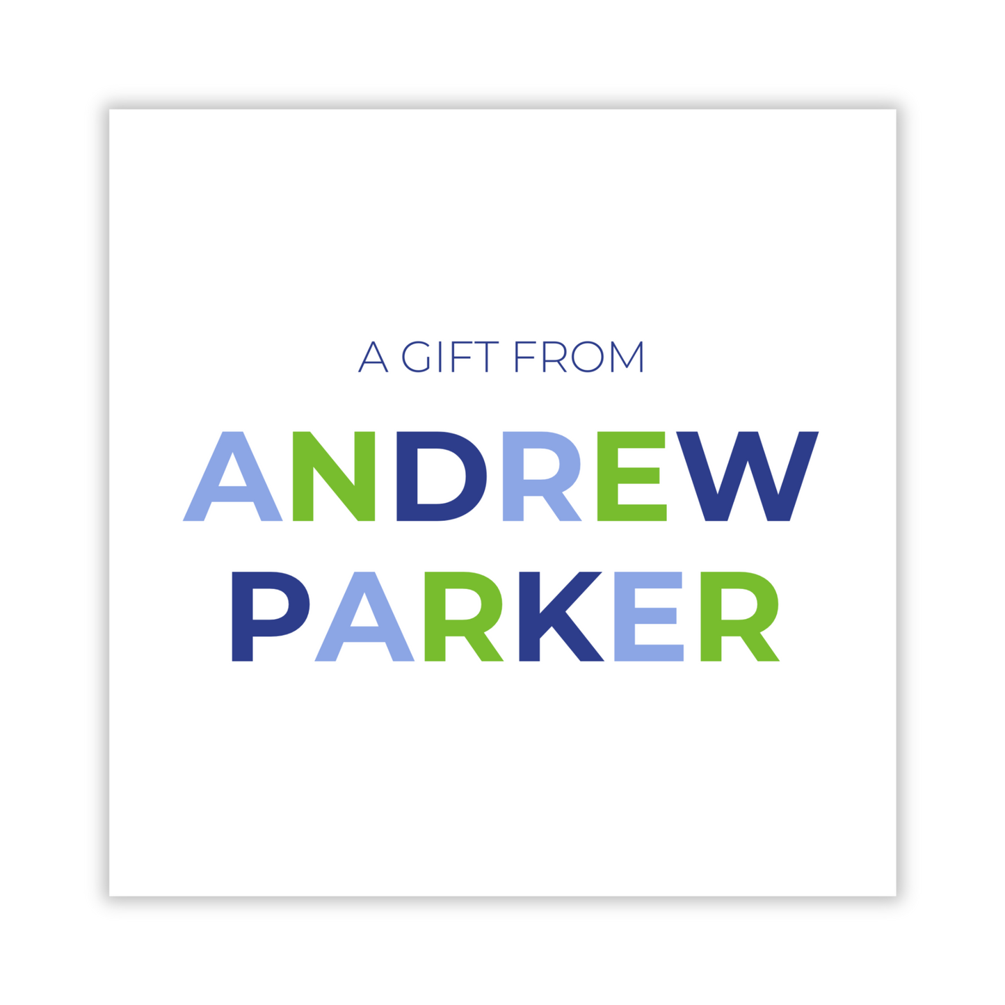 personalized gift tag with blues & green colorblock name, custom gift tags, ShooFly Paper Co. Auburn, Alabama