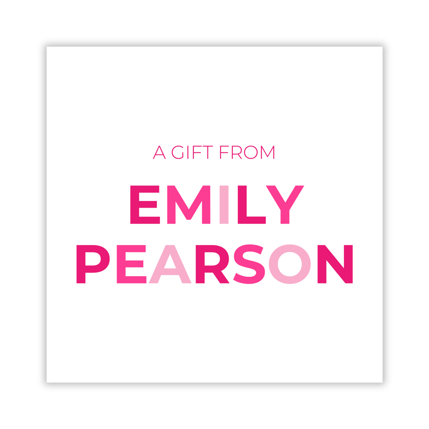 personalized gift tag with colorblock name in different shades of pink, custom gift tag, ShooFly Paper Co. Auburn, Alabama