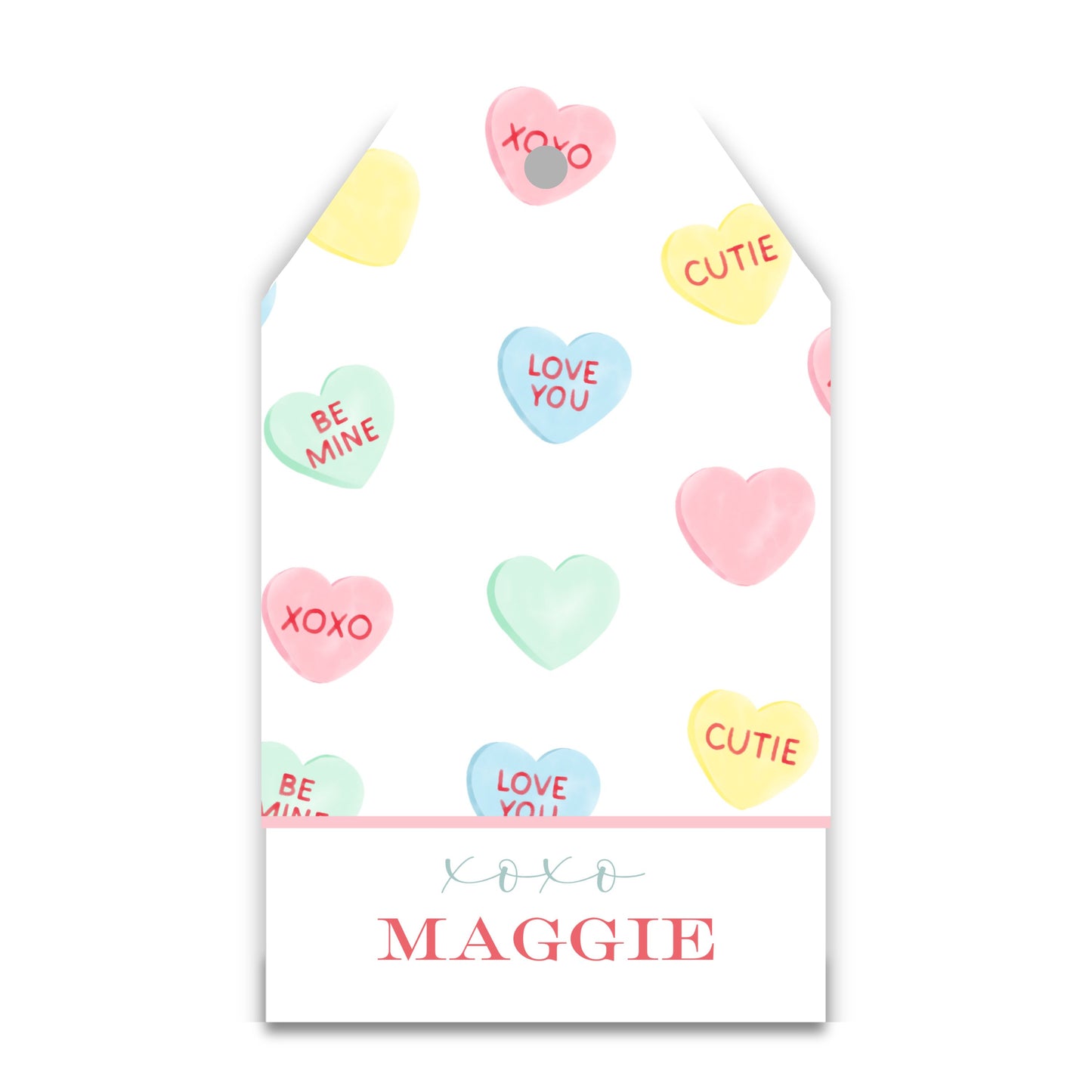 valentines gift tag with drawn conversation hearts, sweetheart valentine, ShooFly Paper Co. Auburn, Alabama