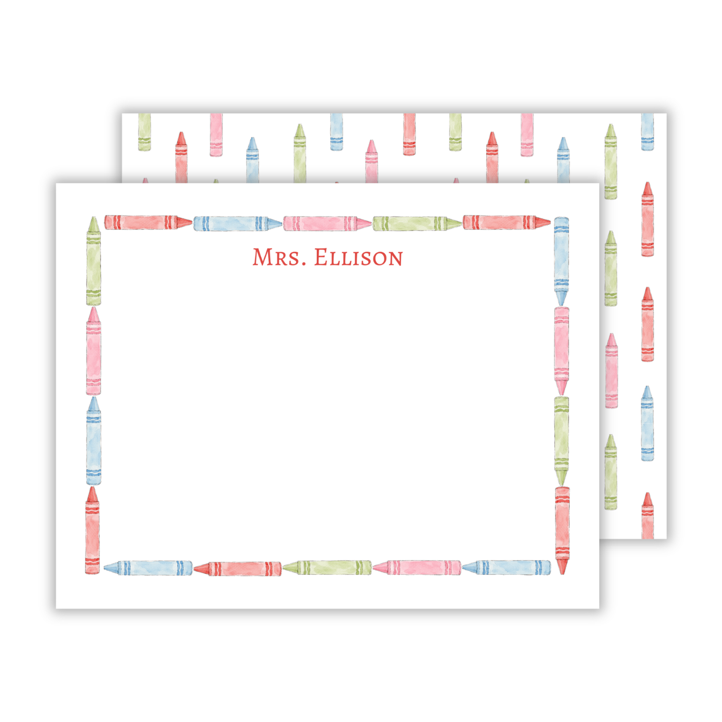 personalized notecards with watercolor crayon border, ShooFly Paper Co. Auburn, Alabama