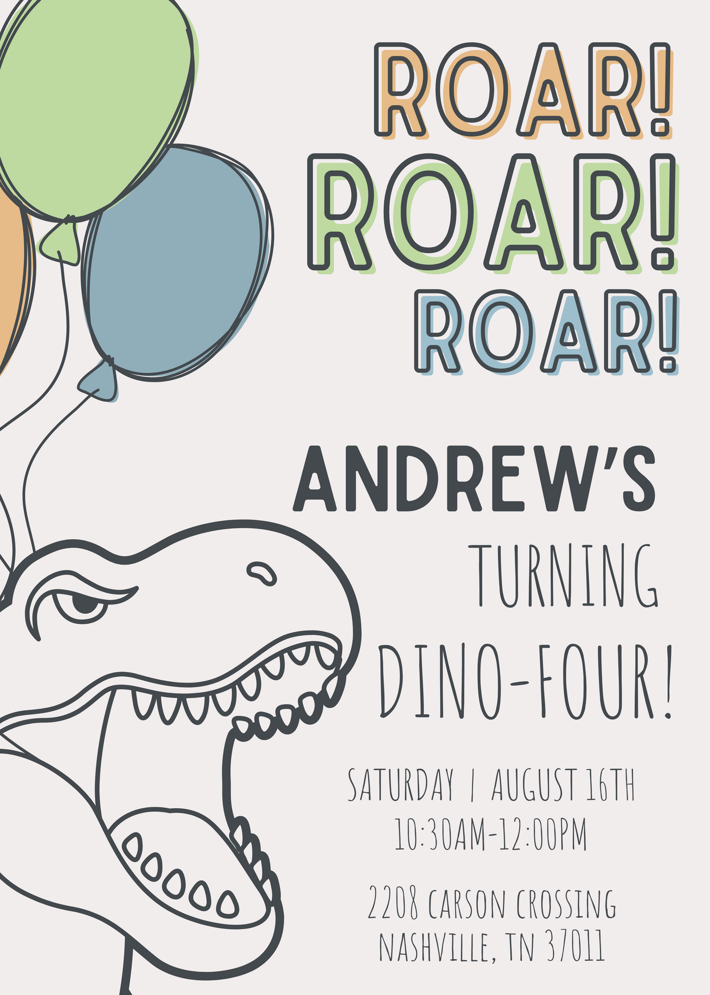 dinosaur party invitation, dinoFOUR, ShooFly Paper Co. Auburn, Alabama