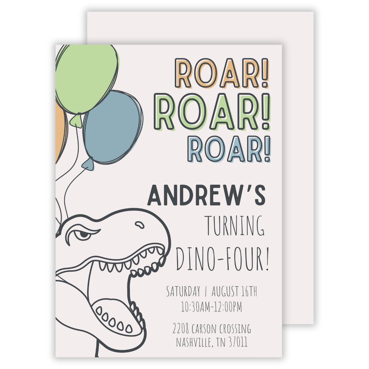 birthday invitation for dinosaur-themed fourth birthday party, ShooFly Paper Co. Auburn, Alabama