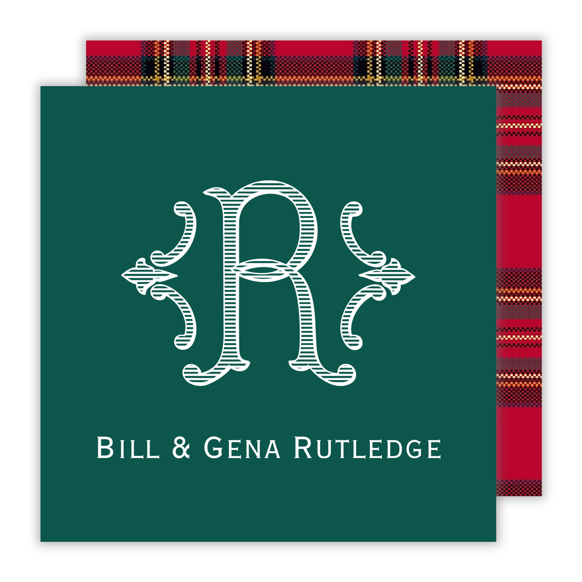 personalized christmas gift tag with elegant initial and tartan plaid back, ShooFly Paper Co. Auburn, Alabama