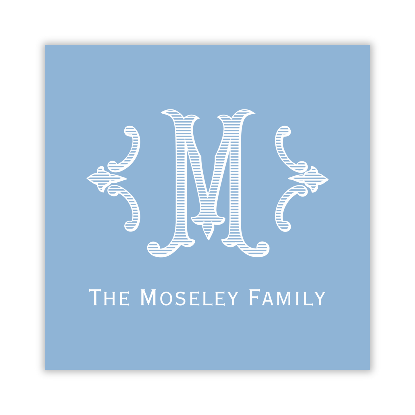 blue gift tag with romanesque single initial; ShooFly Paper Co. Auburn, Alabama