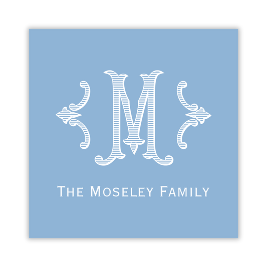 blue gift tag with romanesque single initial; ShooFly Paper Co. Auburn, Alabama