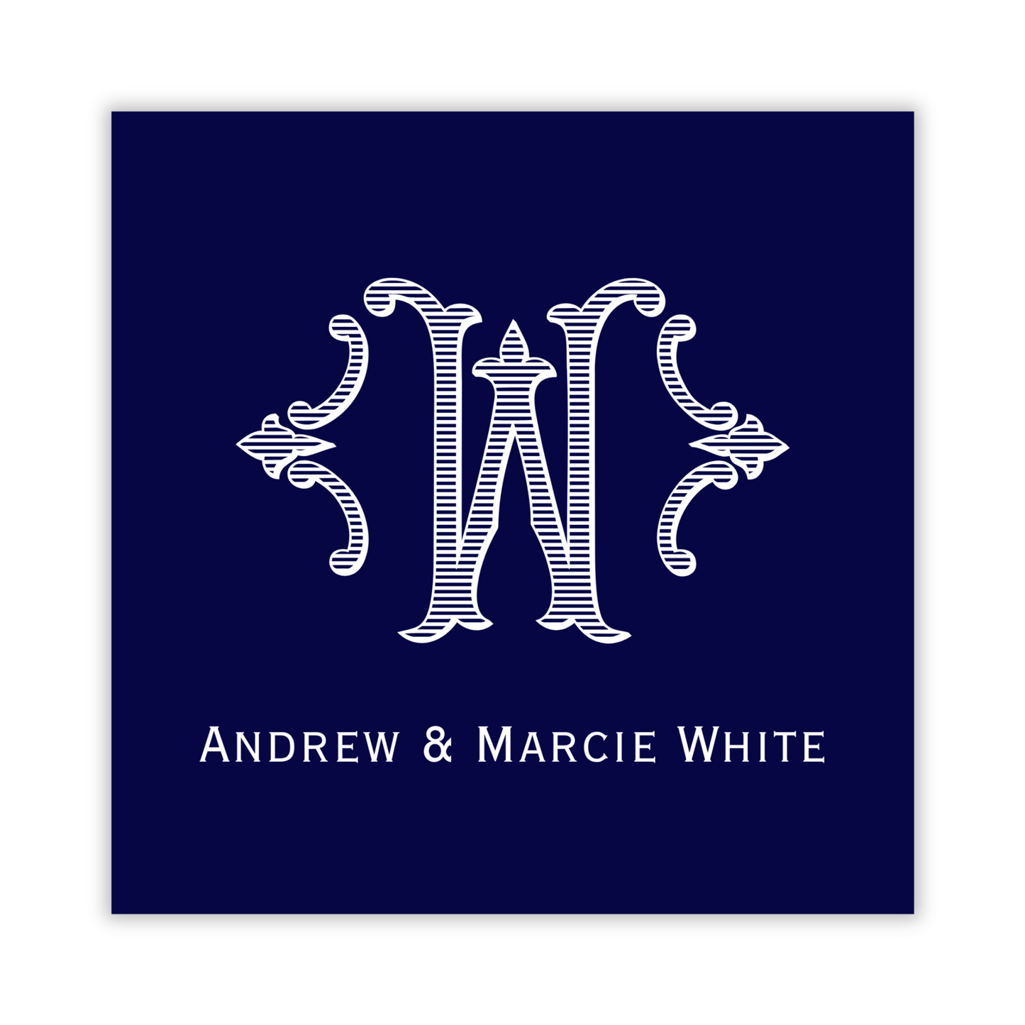 navy blue gift tag with romanesque single initial; ShooFly Paper Co. Auburn, Alabama