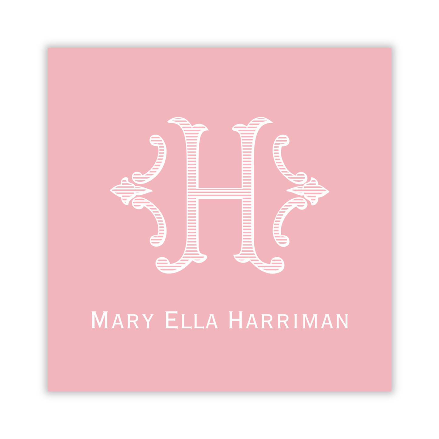 pink gift tag with romanesque single initial; ShooFly Paper Co. Auburn, Alabama