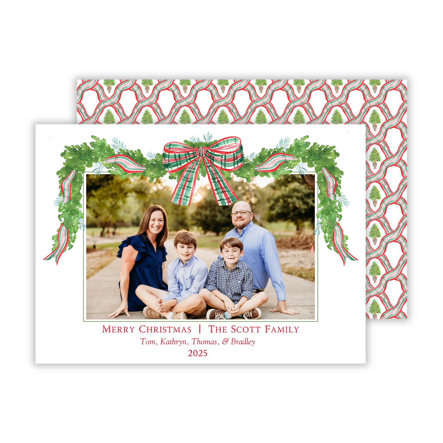 photo christmas card with greenery frame with red and green ribbon intertwined throughout, ShooFly Paper Co. Auburn, Alabama