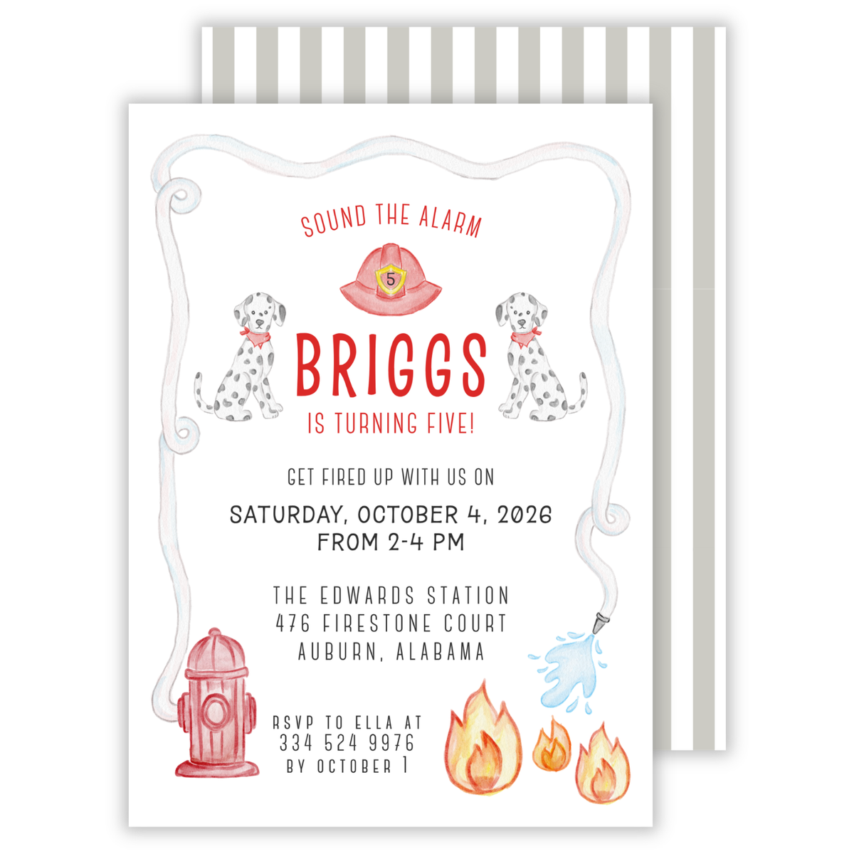 firetruck themed birthday party invitation with watercolor images background, ShooFly Paper Co. Auburn, Alabama