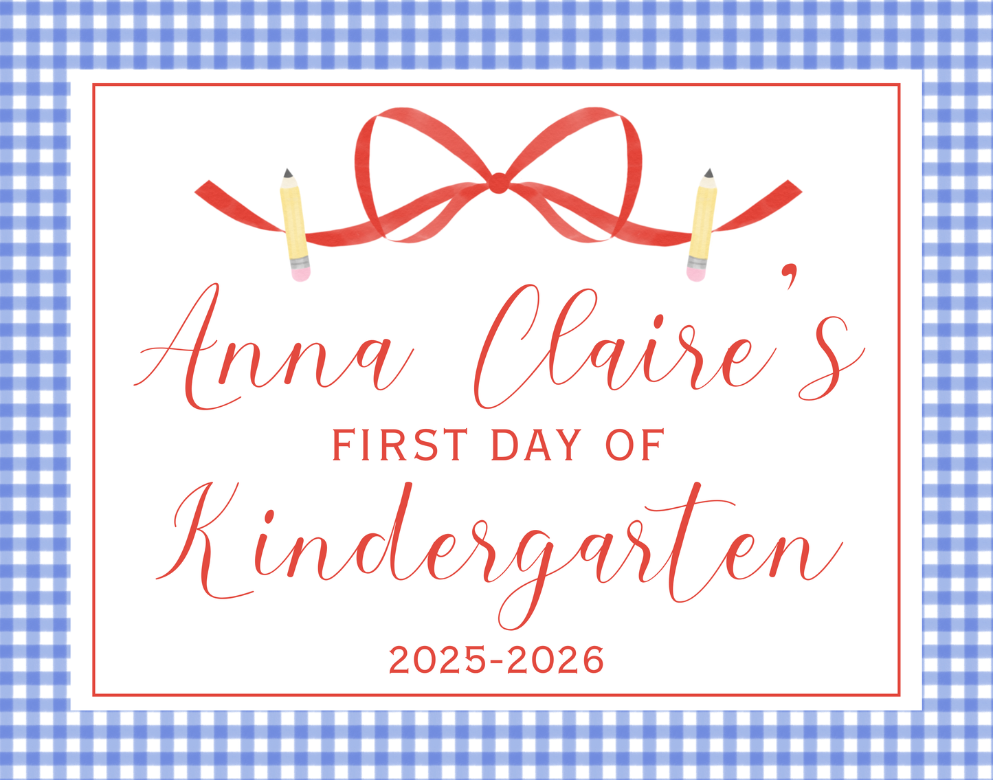 personalized gingham sign for first day of school, ShooFly Paper Co. Auburn, Alabama