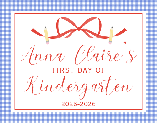 personalized gingham sign for first day of school, ShooFly Paper Co. Auburn, Alabama