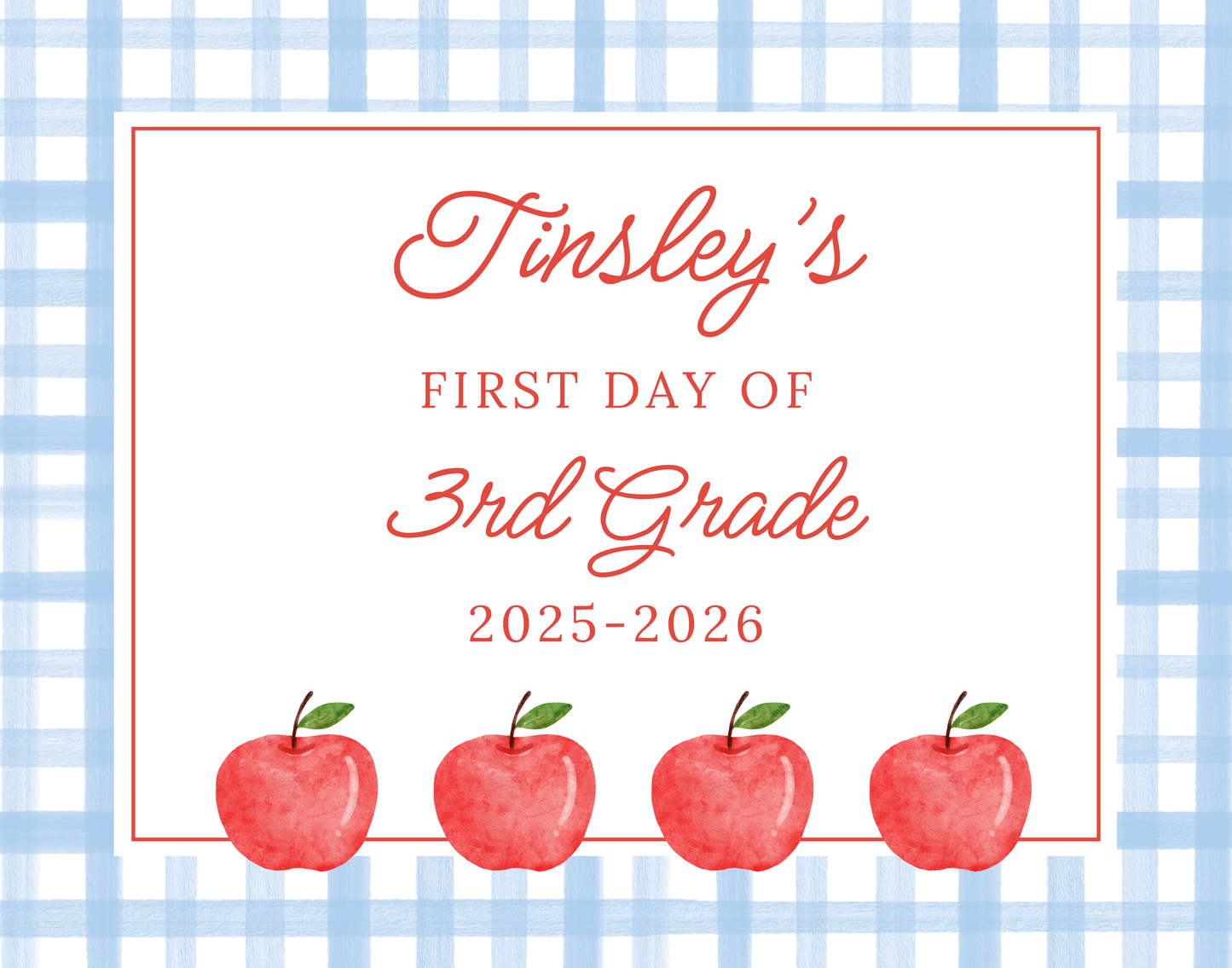personalized gingham sign for first day of school, ShooFly Paper Co. Auburn, Alabama