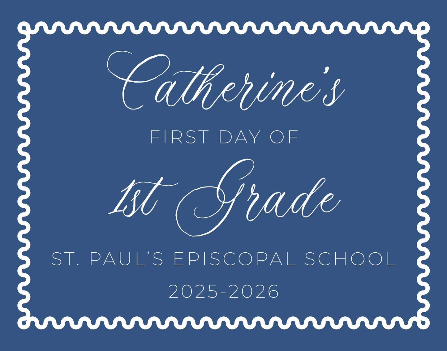 personalized blue sign for first day of school, ShooFly Paper Co. Auburn, Alabama