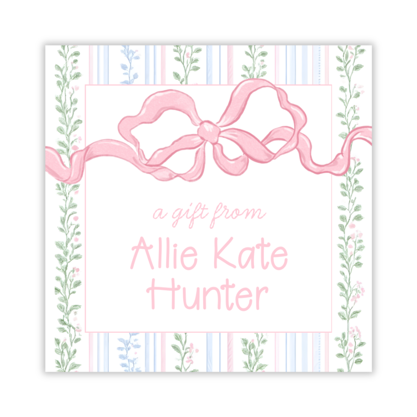 personalized gift tag with floral stripe background and watercolor pink bow, ShooFly Paper Co. Auburn, Alabama