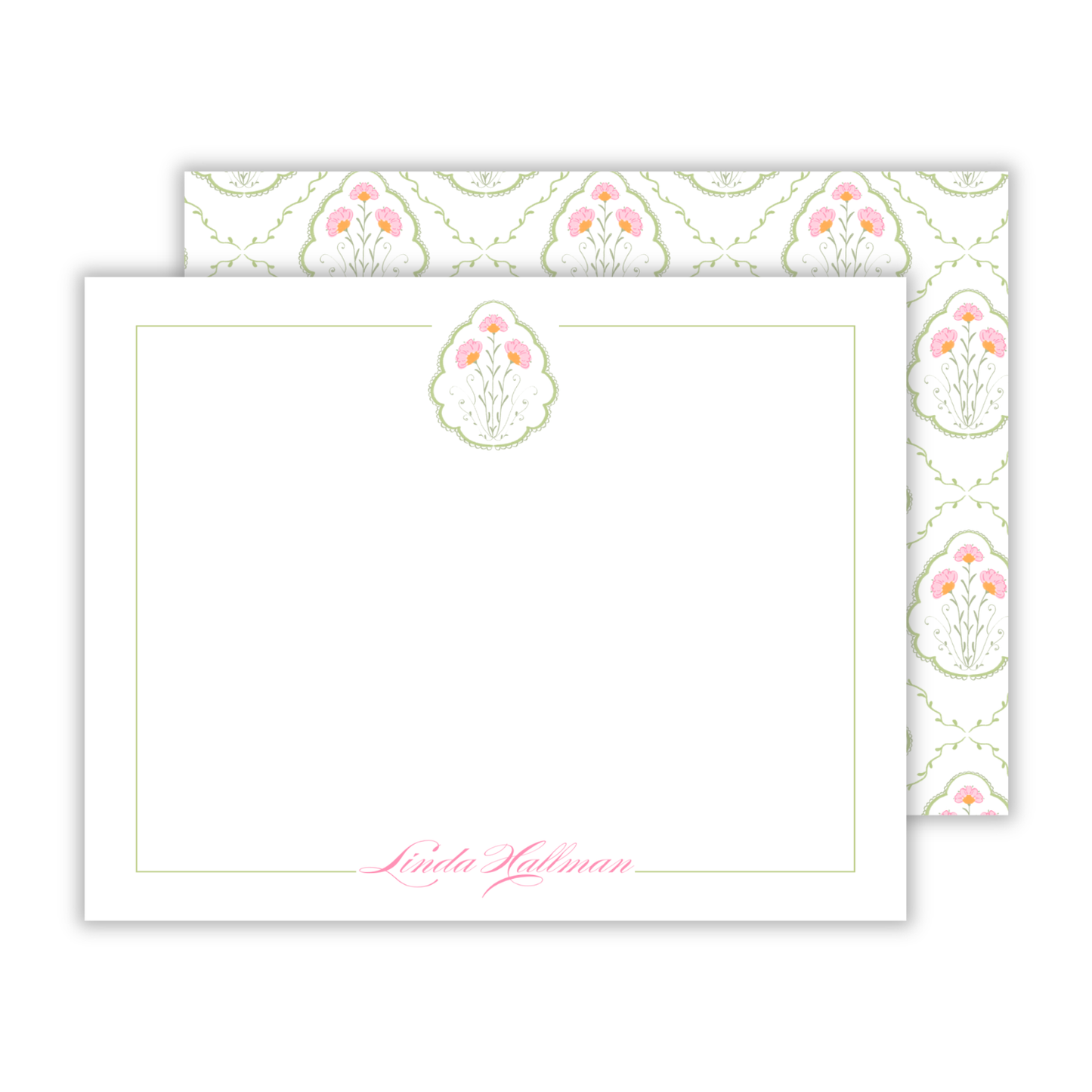 personalized notecard set with pink, orange, and green floral pattern, ShooFly Paper Co. Auburn, Alabama