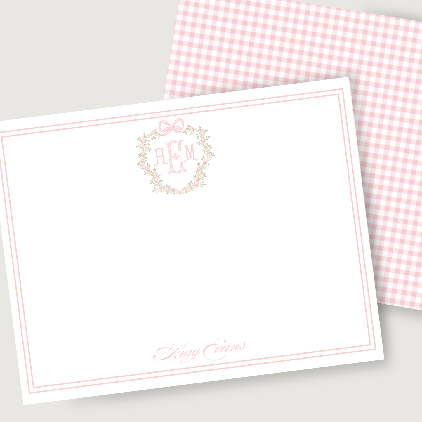 floral monogram stationery, gingham background, shoofly paper co.